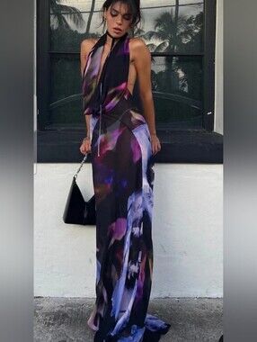 Rat & Boa Purple and Black Halter Floral Maxi Dress